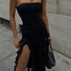 Sexy Strapless Off Shoulder Midi Dress Women Ruffles Split Beach Dress 2025 Summer Slim Fit Party Female Vestido