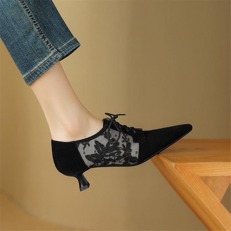 Модные Новые Весенние Женские Туфли из Овчины Французские Ретро Туфли-лодочки с Острым Носком Женские Туфли-лоферы из Вышитой Сетки для Женщин Женские Туфли