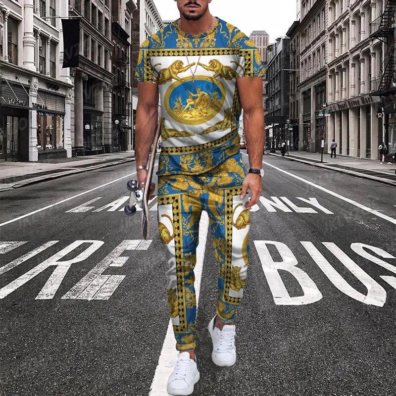 New Boutique Leopard Print Men’s Trousers Tracksuit 2 Piece Set Streetwear Short Sleeve T Shirt+Long Pants Clothes Male Clothing