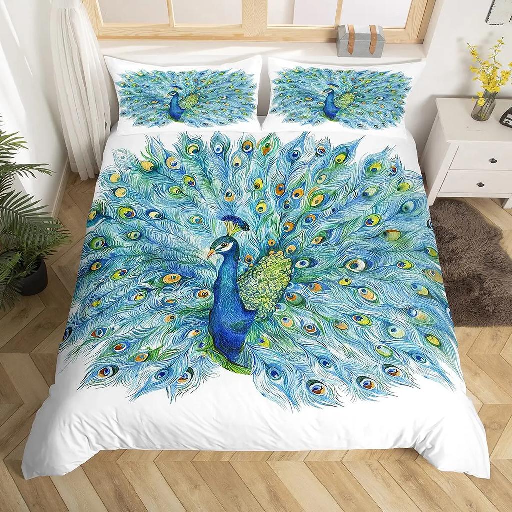 Peacock Duvet Cover Set Elegant Gorgeous Blue Feather Comforter Cover Girls Women Pink Flower Birds Animal Polyester Qulit Cover