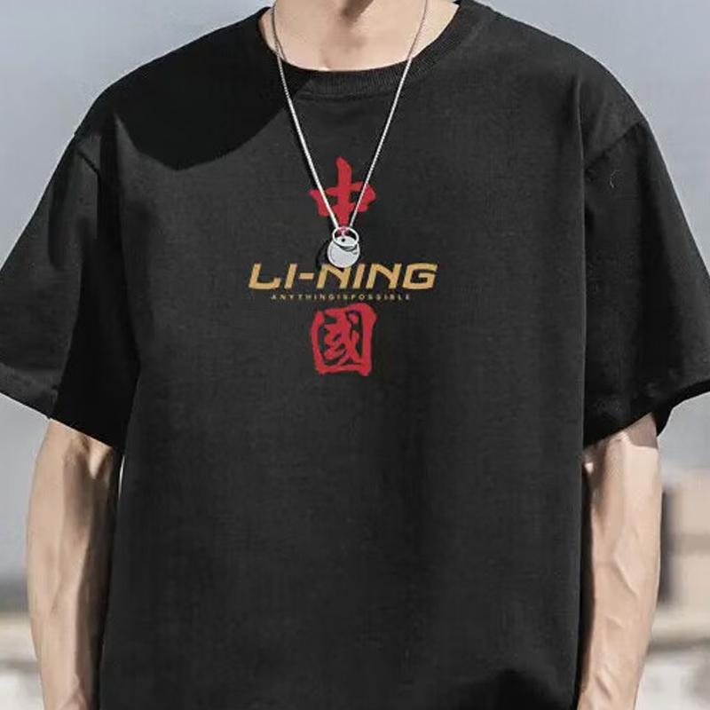 Li Ning Коллекция спортивной моды Футболки Унисекс Черный Круглый вырез Умеренный Прямой крой YHST191-2