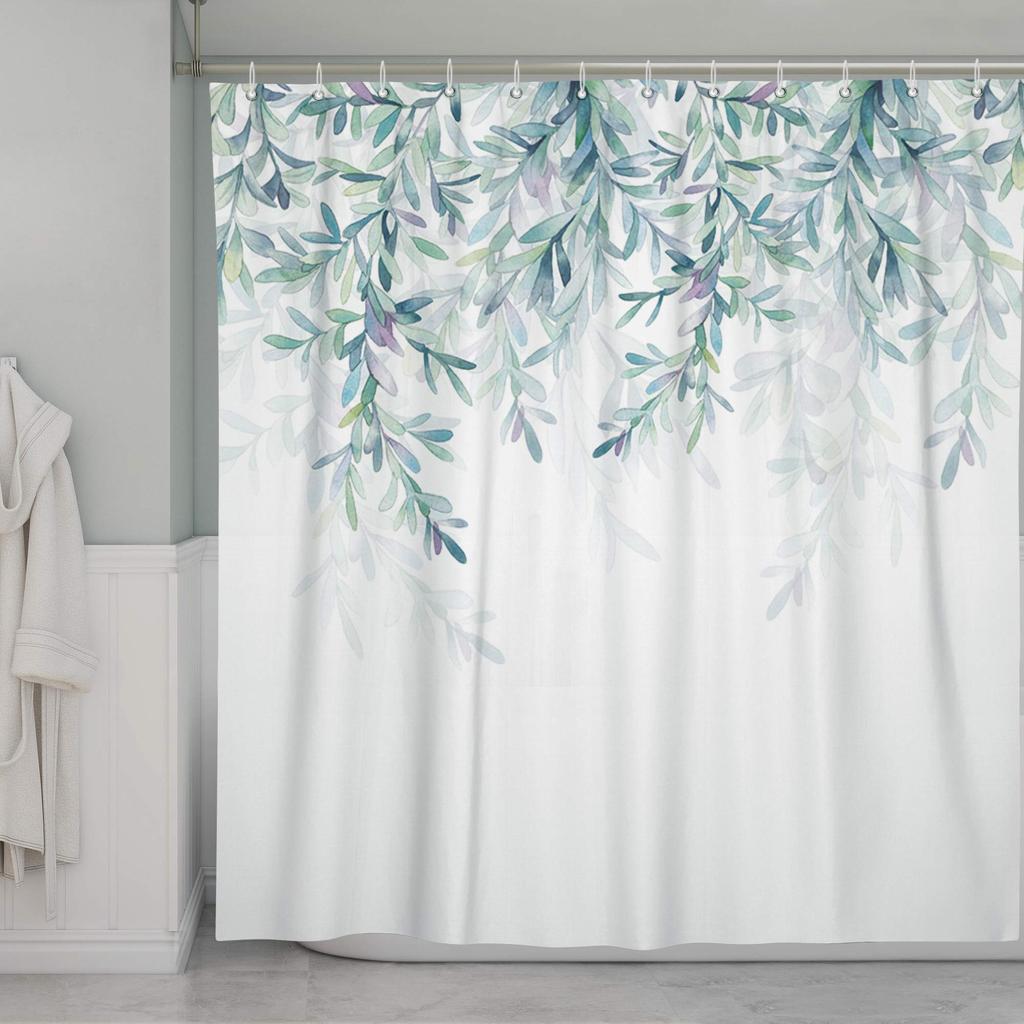 Tropical Green Leaves Plant On White Background Odorless Shower Curtains for Bathroom Showers and Bathtubs Decor with Hooks