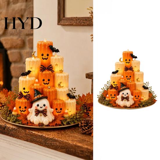 Realistic Theme Ornaments Halloween Flameless Candles, Battery Operated Multi-layer Pumpkin Ghost LED Unique Party Favors Flickering Pillar