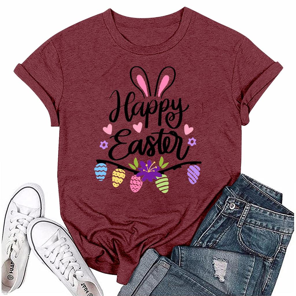 Женская модная пасхальная принтованная повседневная плиссированная круглая футболка с коротким рукавом