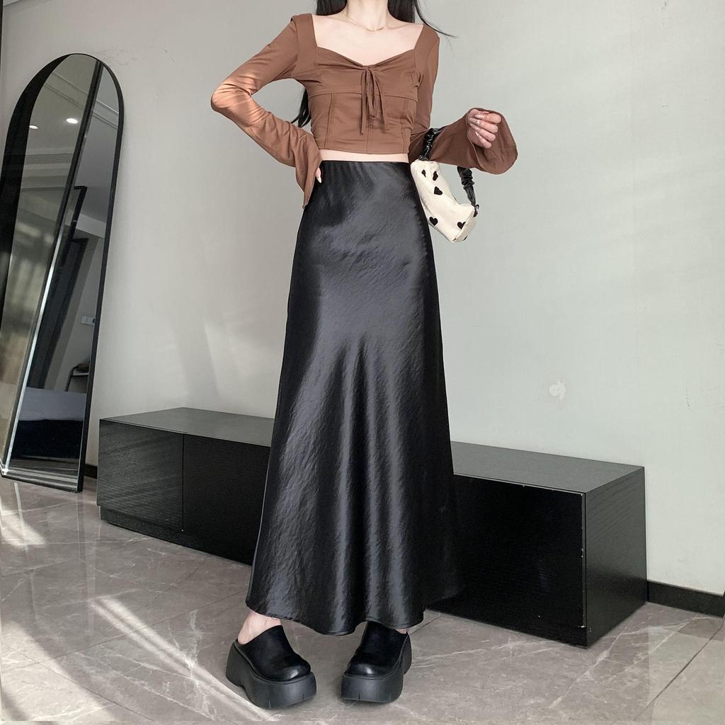 Французская атласная миди-юбка А-силуэта с высокой талией для женщин - Осенняя коллекция