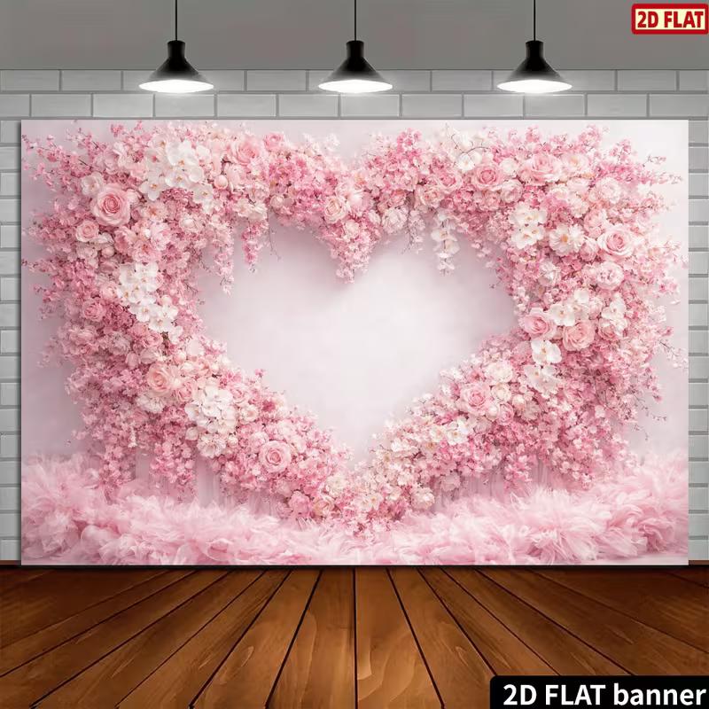 2D Printed Backdrop with Pink Rose Heart Arch, White Flowers and Feathery Trim