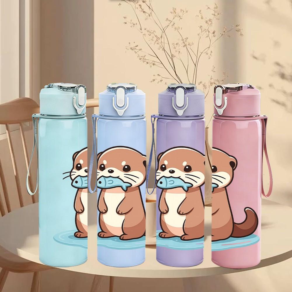 1PC Otter Holding Mask Cartoon 750ml Color Plastic Sports Water Bottle Leakproof Flip Straw Lid Suitable for Sports Office Home Use