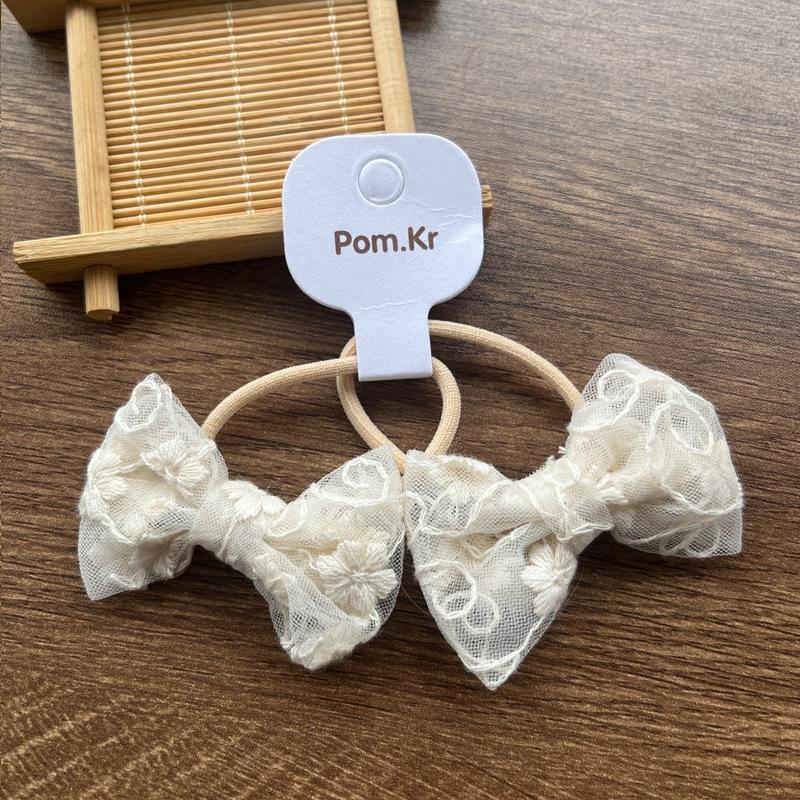 2 шт./набор Бежевый цвет Милые кружевные бантики Резинки для волос для девочек Модные эластичные Универсальные Детские резинки для хвостиков с цветочной кружевной отделкой