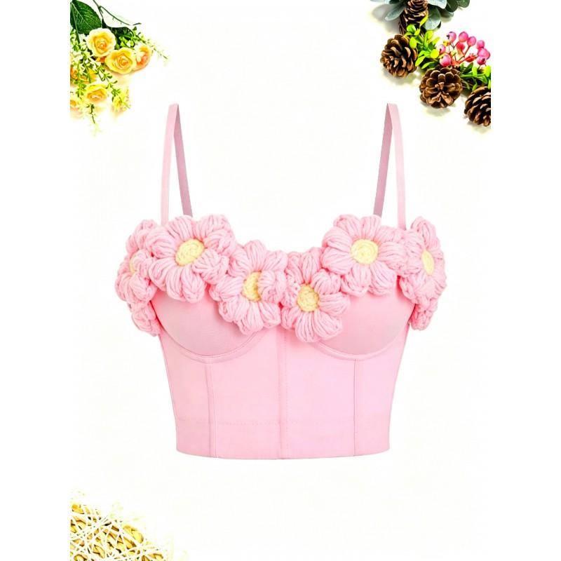 Pink Sweet Knit Bustier Top Crochet Floral Design With Built-in Cups Underwire Removable Straps Women