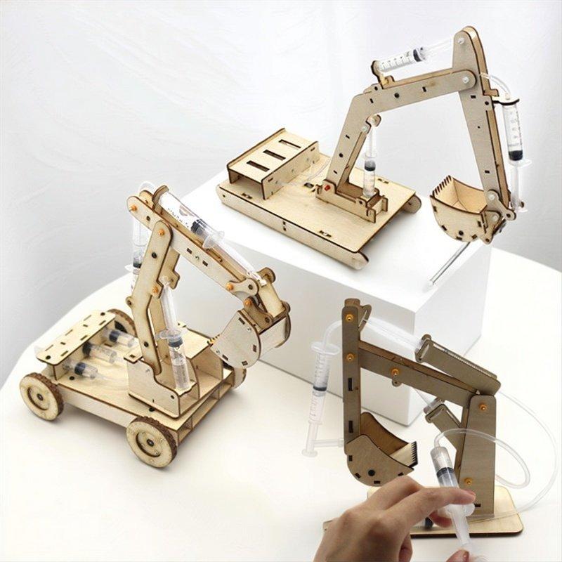 DIY Handmade Wooden Hydraulic Excavator Model Kids Educational Scientific Experiment Parent-child Interactive Learning Toy