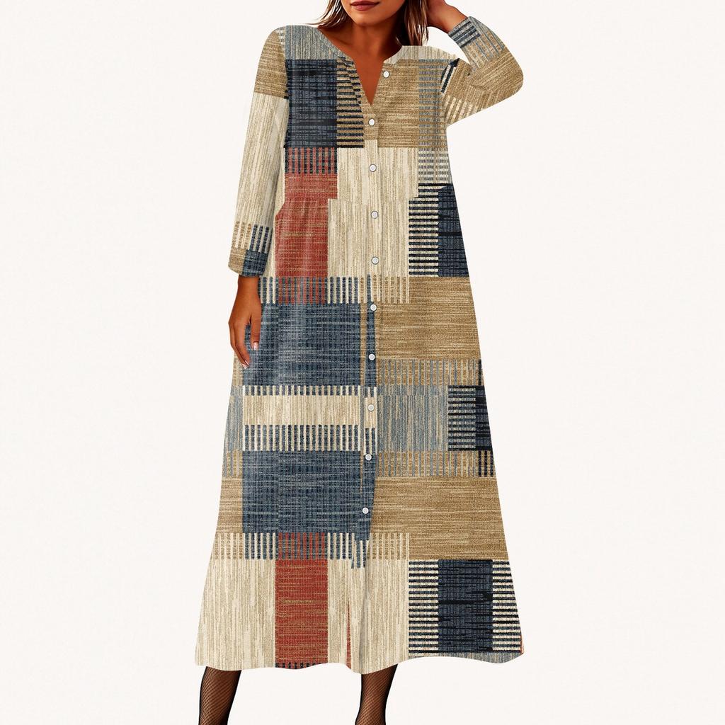 Женское модное платье-рубашка свободного кроя с принтом, круглым вырезом и рукавами семь четвертей на пуговицах