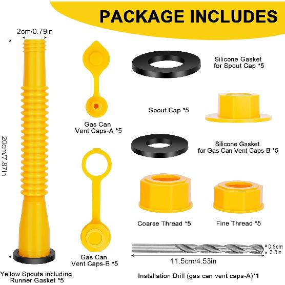 Godboy Gas Can Spout Replacement, Gas Can Nozzle, (5 Kit-Yellow) Flexible Pour Nozzle Suitable For Most 1/2/5/10 Gal Oil Cans, Fuel Can Spout
