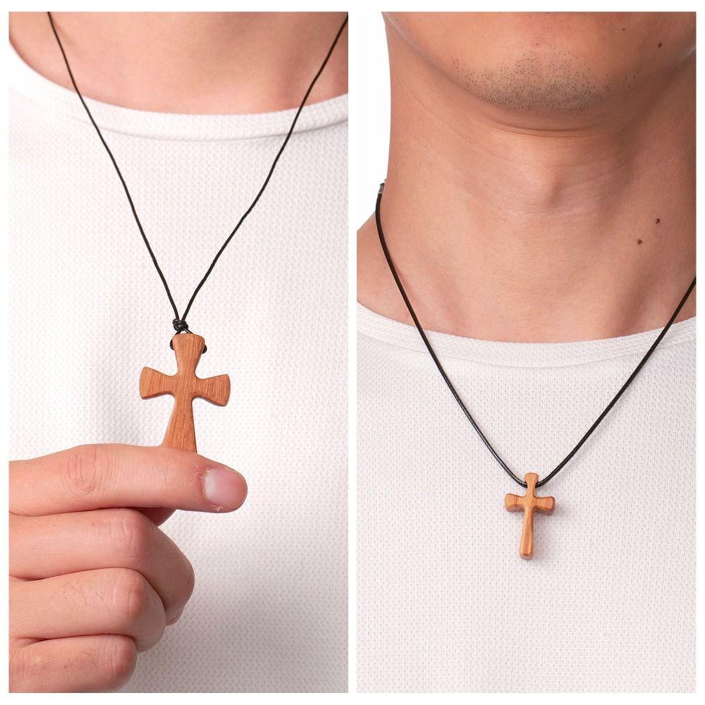 Wooden Cross Necklaces Hand-carved Neckchain for Prayer Funny Cross Pendant Church