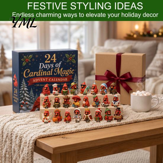 Collectible Animal Figures Magic Advent Calendar, 24-Day Highland Cow/Cat/Sheep/Red Bird Acrylic Ornament Set, Cozy Winter Home Decor 2D Flat