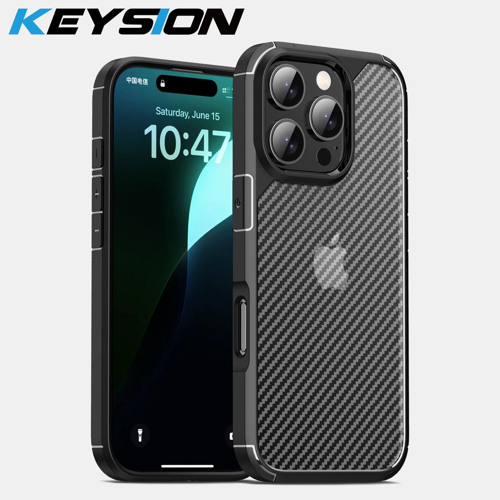 KEYSION Противоударный чехол для iPhone 16 Pro Max Силикон + PC Матовая текстура углеродного волокна Задняя крышка телефона для iPhone 16 15 Pro Max