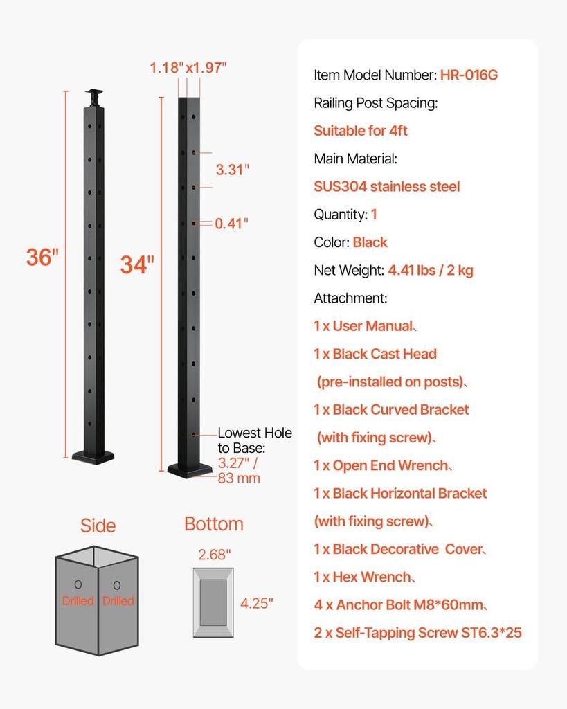 VEVRO Cable Railing Post 36x1x2 Inch with L-Shaped Holes 1JZLGZXHS914IVCFL001V0