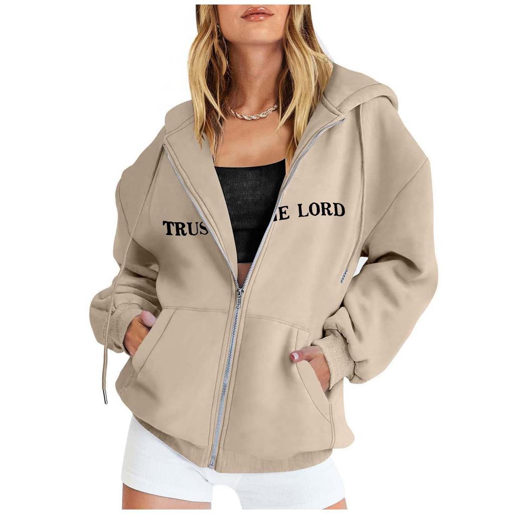 Women's Fashion Loose Casual Zip Printed Hooded Sweatshirt Jacket