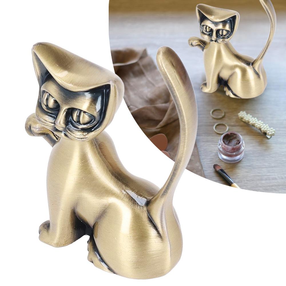 Zinc Alloy Cat Ring Holder Solid Brass Cat Statue Jewelry Towers Ring Organizer Shelf Decor