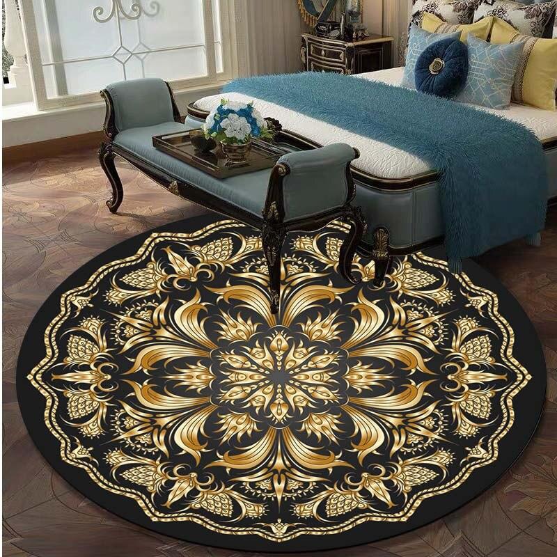 Круглый ковер в стиле ретро с черными и золотыми цветами, стул лотоса, напольный коврик, мягкие ковры для гостиной, противоскользящий ковер, ковер для декора спальни