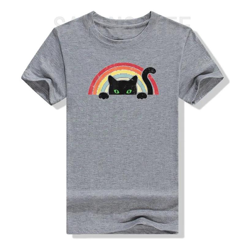 Cat Rainbow Shirt, Vintage Cute Black-Cat Teen Girls and WoUnisex Cat-Lover T-Shirt Graphic Tee Top Short Sleeve Basics Outifts