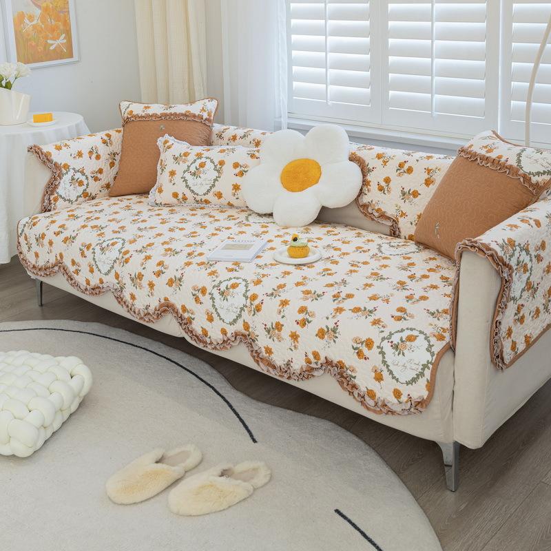 Универсальная всесезонная хлопковая ткань с принтом, стиранная подушка для дивана, корейский пасторальный волнистый край, нескользящее полотенце для диванной подушки, полный чехол