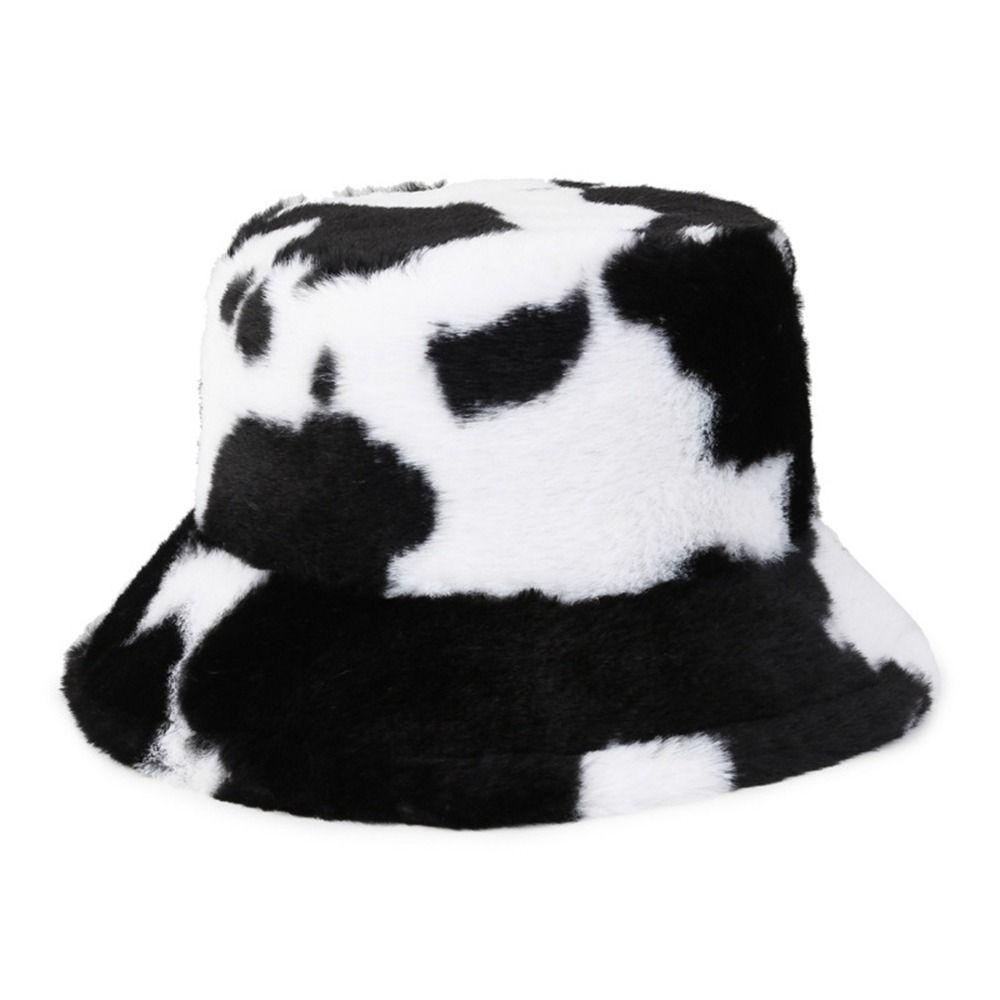 Women Autumn and Winter Panama Hats Flannel Bucket Hat Cow Print Caps Korean Style Caps Female Hats