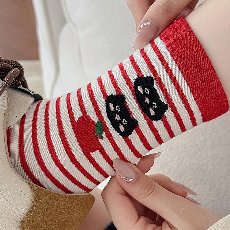 Осенние женские носки, носки до середины икры, махровые носки с мультяшным котом, студенческие носки для женщин