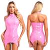 S-5XL Women’s Glossy Patent Leather Mini Dress Halter Sleeveless Back Zipper with Garter Clips Lingerie Style Clubwear