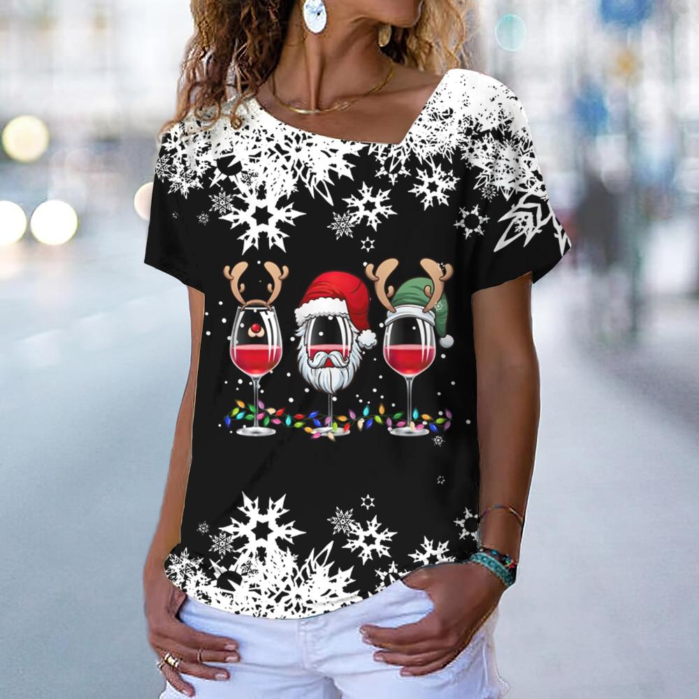 Новая рождественская женская футболка, модная футболка с красным бокалом для вина и 3d принтом, футболки с v-образным вырезом, летняя повседневная винтажная футболка, праздничная женская одежда