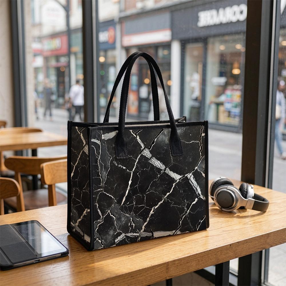 Black Marble Pattern Tote Bag Large Capacity Shoulder Handbag for Daily Use