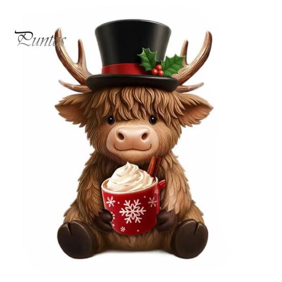 Cute Animal Desktop Decorations 2Pcs Christmas Highland Cow Figurines, Resin Santa Reindeer Cow, with Hat, Indoor Decorative Collectibles Hot