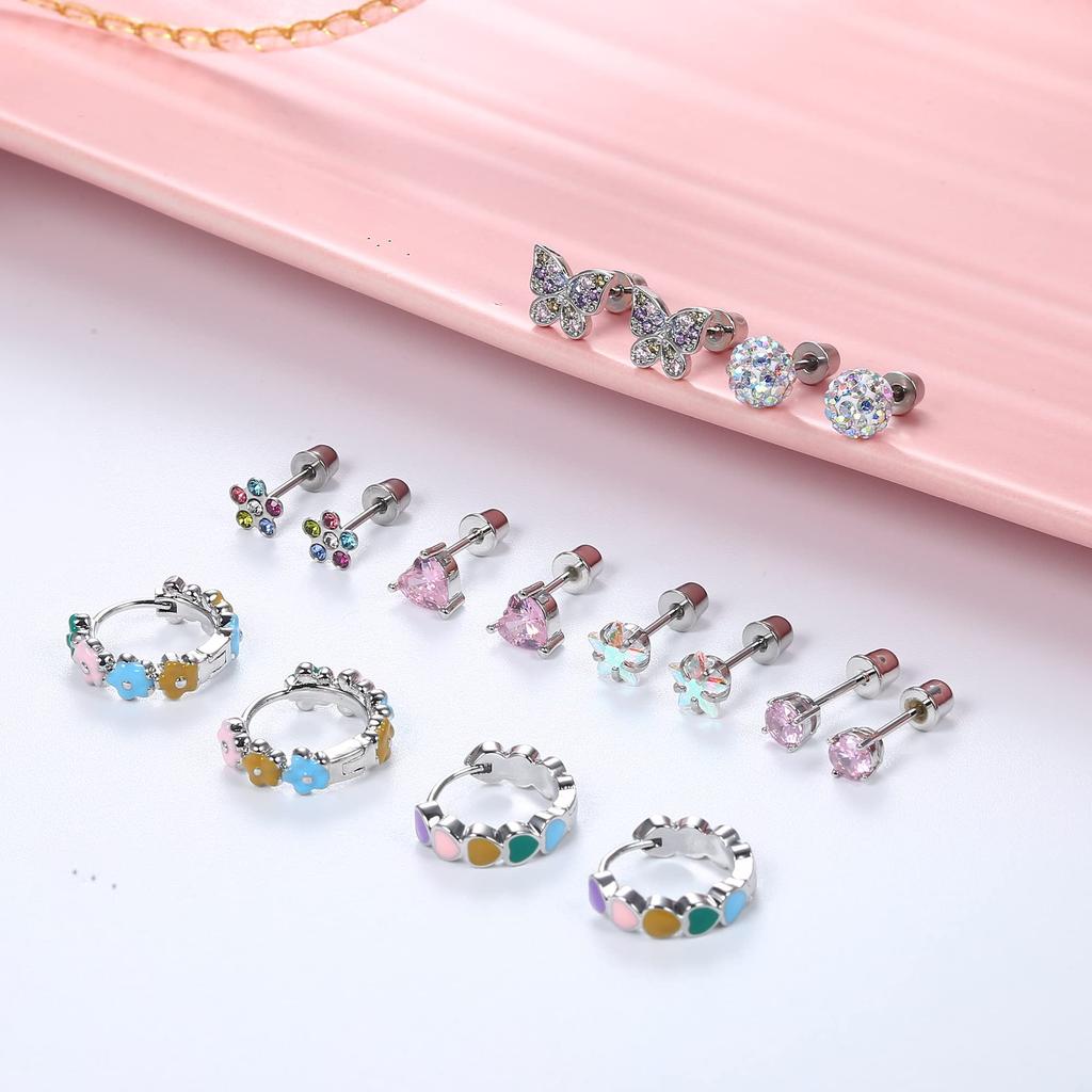 16pcs Hypo Allergy Screw Back Earrings 316L Stainless Steel Heart CZ Flower Butterfly Screw Stud Earrings Cute Hoop Earrings Set 20G for Women