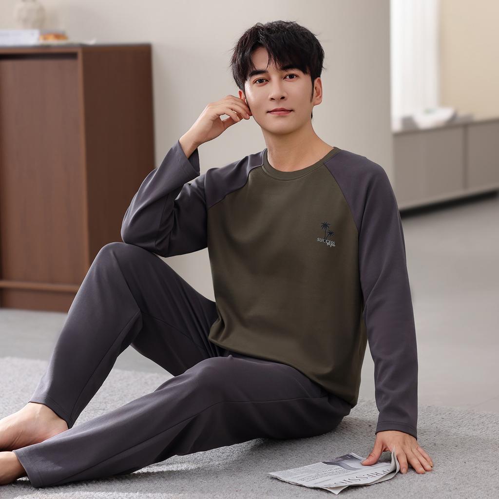 Pajamas Men'S Autumn Thin Cotton Long Sleeve Spring And Autumn Simple Wear Loungewear Suit
