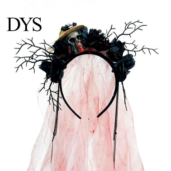 Halloween Ghost Bride Costume Gothic Flower Headband with Veil, Spooky Black Rose Dead Branch Skull Headpiece, Witch Hair Band Day of The Bridal Veil