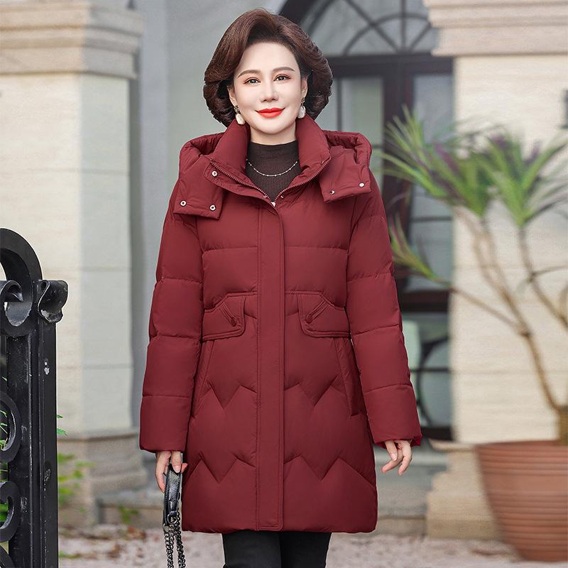 Женская удлиненная пуховая куртка с капюшоном - Теплое зимнее пальто из пуха белой утки для мам среднего возраста (2025)