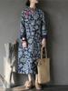 Women Vintage Dress White Blue Chinese Style Cheongsam Autumn Winter Stand Long Sleeve Fleece Warm Dress