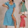 Fashion Women's Square Neck Floral Dress Temperament Thin Slit Puff Sleeve Skirt