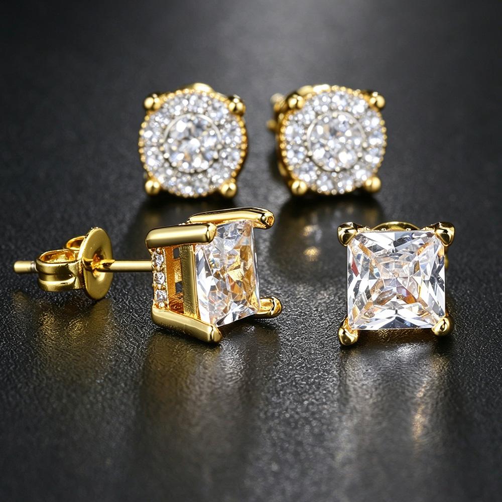 Square Crystal Studs Earrings Men Vintage Simple 4 Claws AAA+ Cubic Zirconia Hiphop Accessories Gold Ear Jewelry OHE147