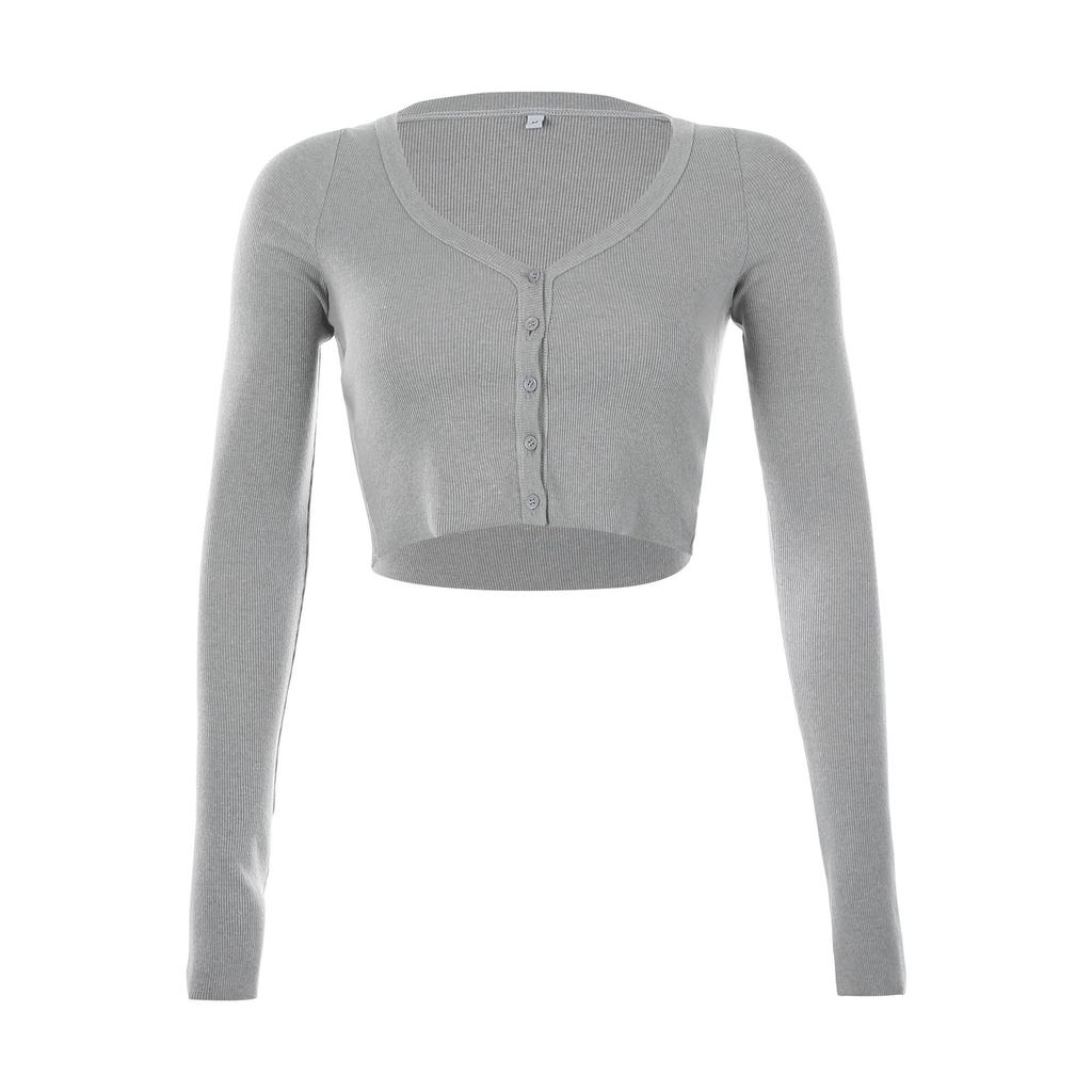Women V-neck Solid Color Loose Knitted Cardigan Long Sleeved Crop Top