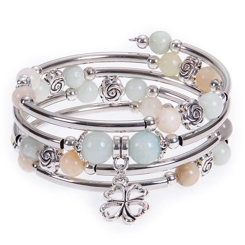 Многослойный браслет-обертка из розового зебрового камня с подвеской в виде цветка