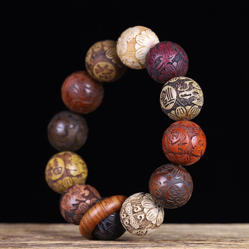 Браслет из резного сандалового дерева и розового дерева - Унисекс Буддийские бусины