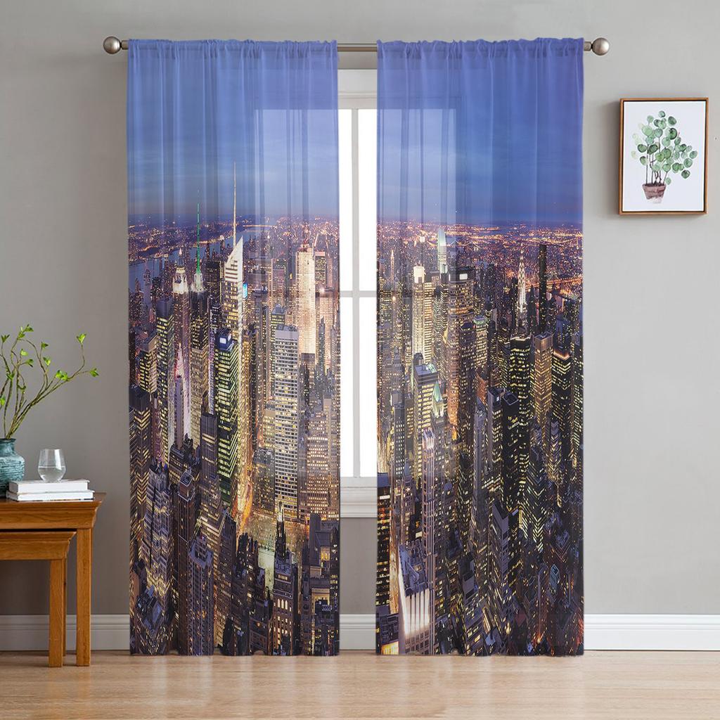 City Night Lights Sheer Curtains Living Room Window Tulle Curtains For Bedroom Kitchen Home Decoration Voile Drapes