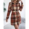 Autumn and Winter Casual Color-blocking Checkered Fake Pocket Long-sleeved Lace-up Woolen Shirt Dress for Women