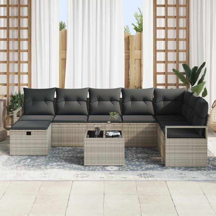 VidaXL Ensemble de Canapé d'Extérieur Modulaire 9 Pièces avec Coussins en Poly Rattan Gris Clair | Mobilier de Jardin 3359241