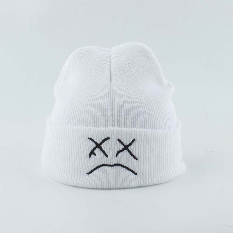 Шапка-бини с грустным лицом и вышивкой, женская осенне-зимняя вязаная шапка Skullies, теплая лыжная кепка в стиле хип-хоп, повседневная однотонная уличная шапка