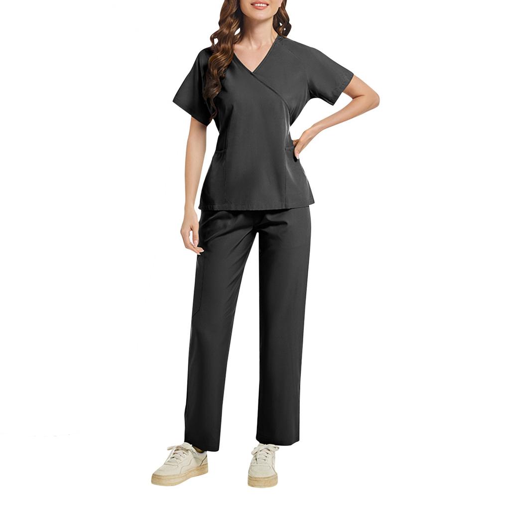 Ladies' Two-piece Set Short Sleeved Solid Color Pocket Top Pants Work Clothes Two-Piece Set