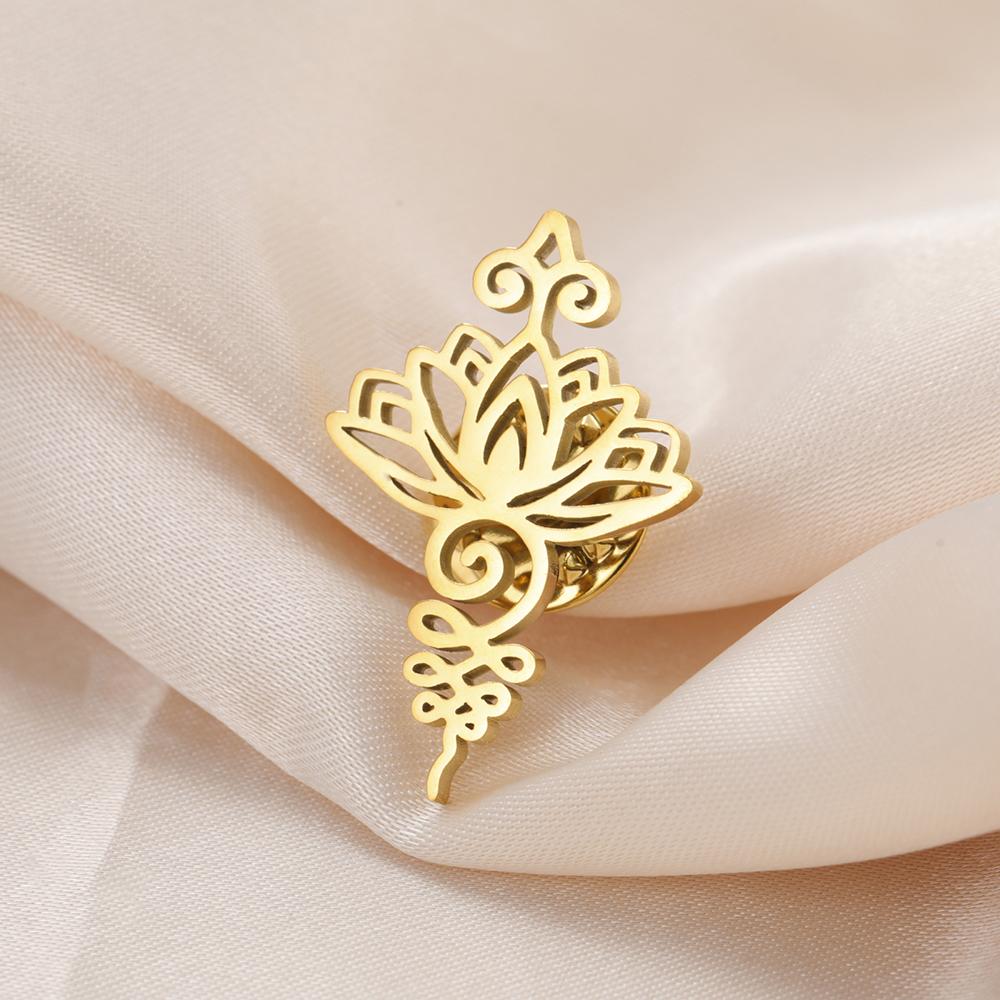 Dawapara Unalome Symbol Lotus Brooch Pins Buddhism Yoga Flower Spiritual Sacred Meditation Jewelry Stainless Steel