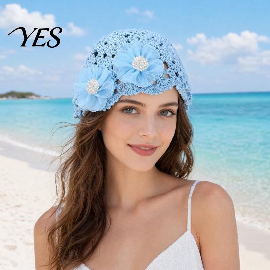 Cotton Bucket Hat Knitted Hat, Breathable Hollow Crochet 3D Retro Style Flower Embellishment Casual with Faux Pearl Stamens Spring Summer Headwear