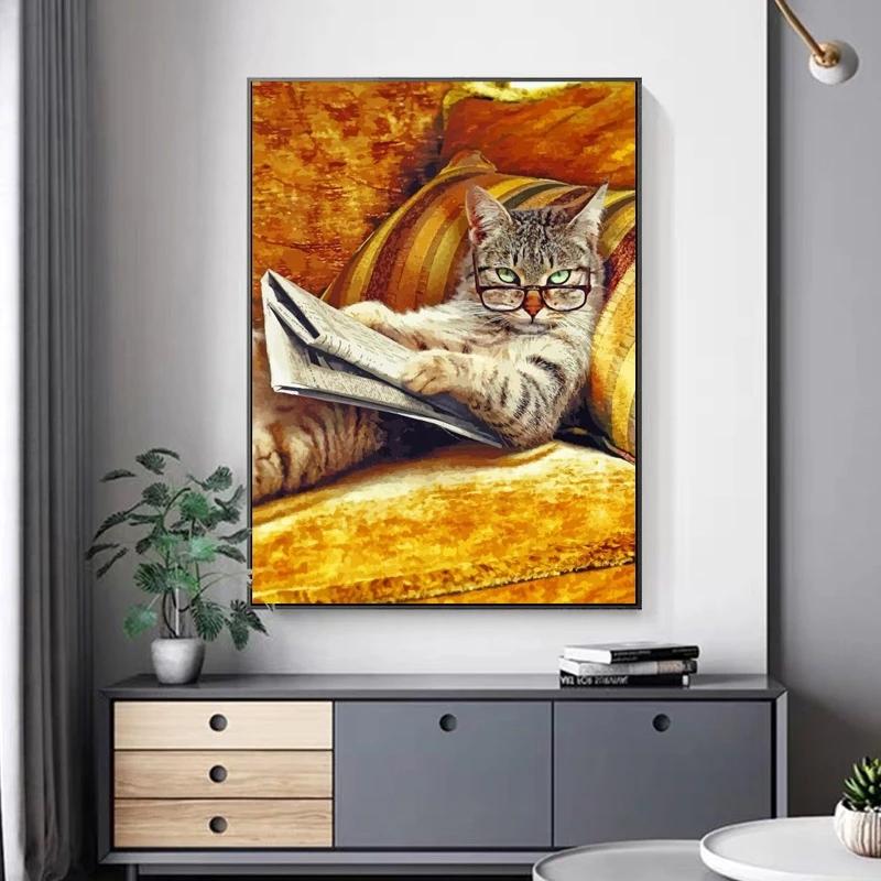 Абстрактное животное кошка читает газету холст живопись современные постеры и принты настенная художественная картина для декора стен гостиной Cuadros