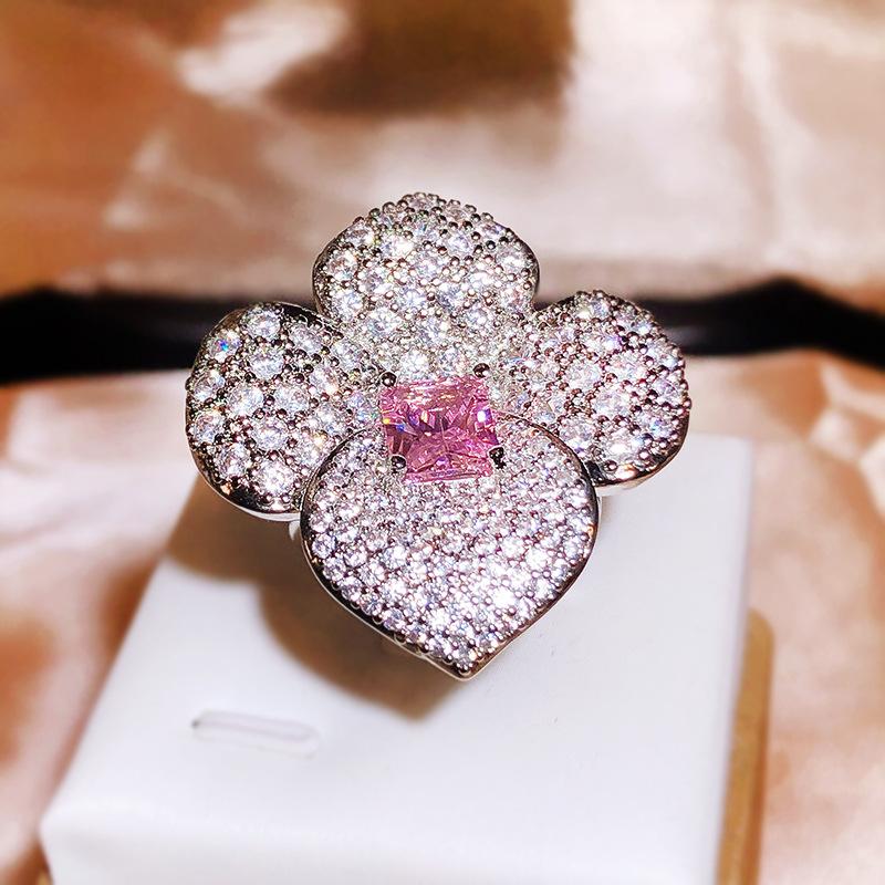 Deluxe Full Diamond Rich Flower Square Chamfered Imitation Pink Ice Flower Cut High Carbon Diamond Ring